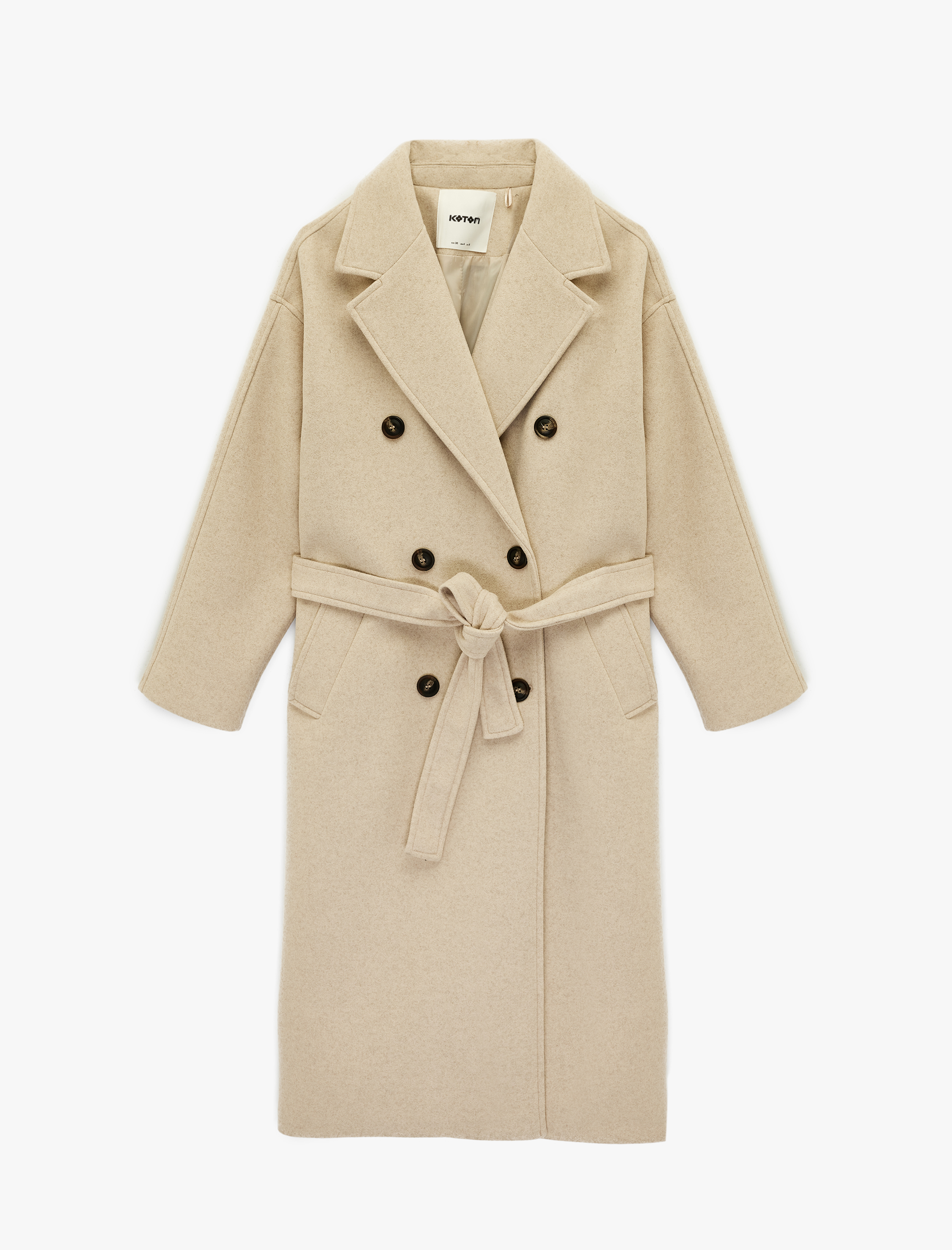   Uzun Kollu Düğmeli Cepli Kruvaze Uzun Kemerli Kaşe Kaban