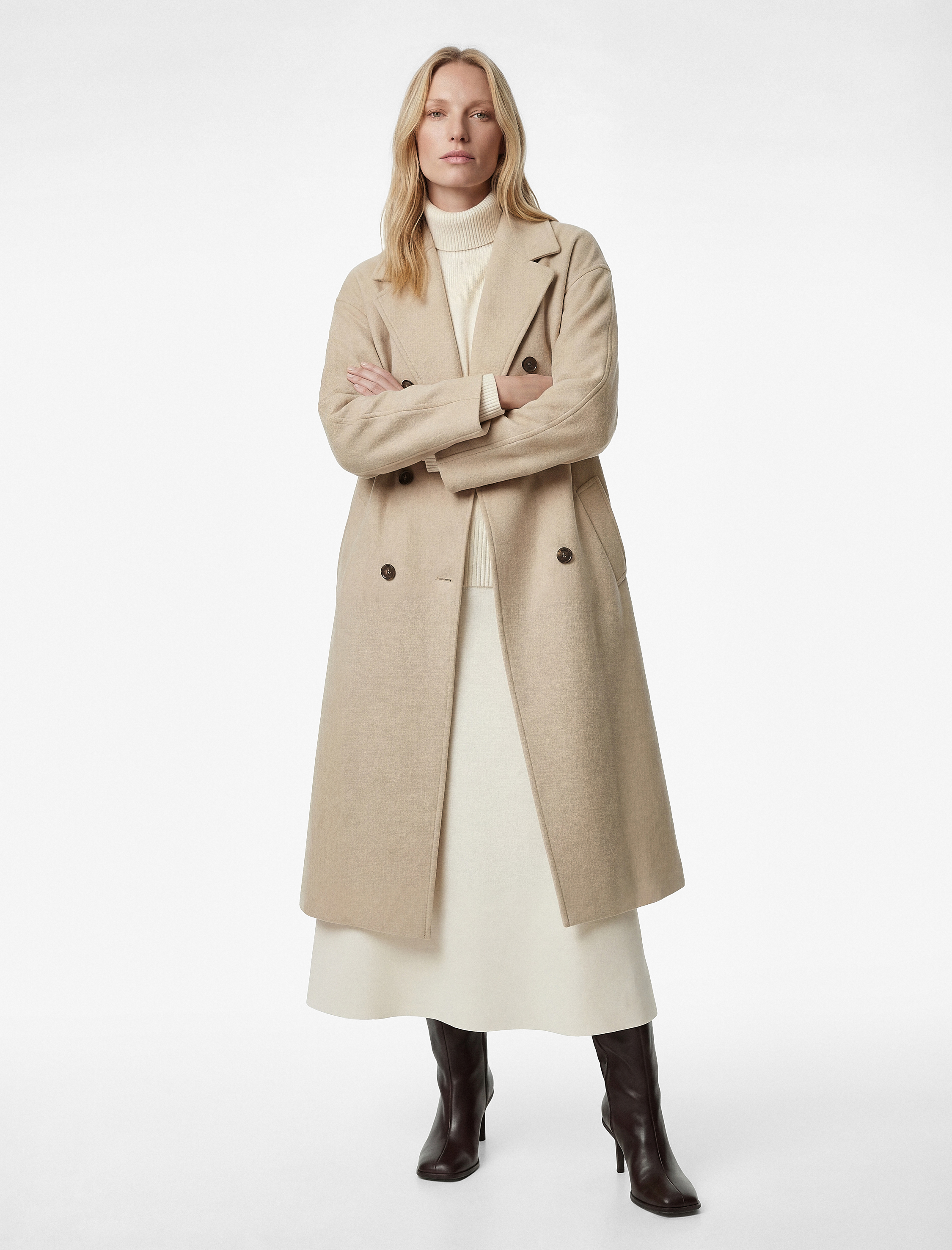   Uzun Kollu Düğmeli Cepli Kruvaze Uzun Kemerli Kaşe Kaban