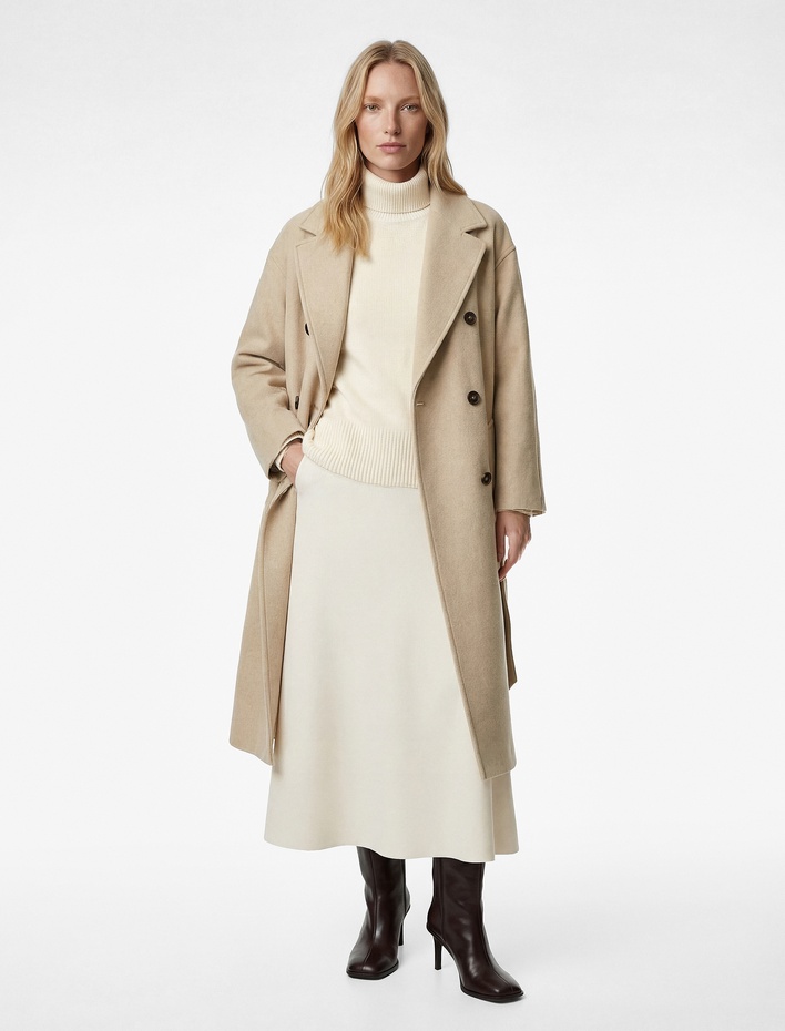  Uzun Kollu Düğmeli Cepli Kruvaze Uzun Kemerli Kaşe Kaban