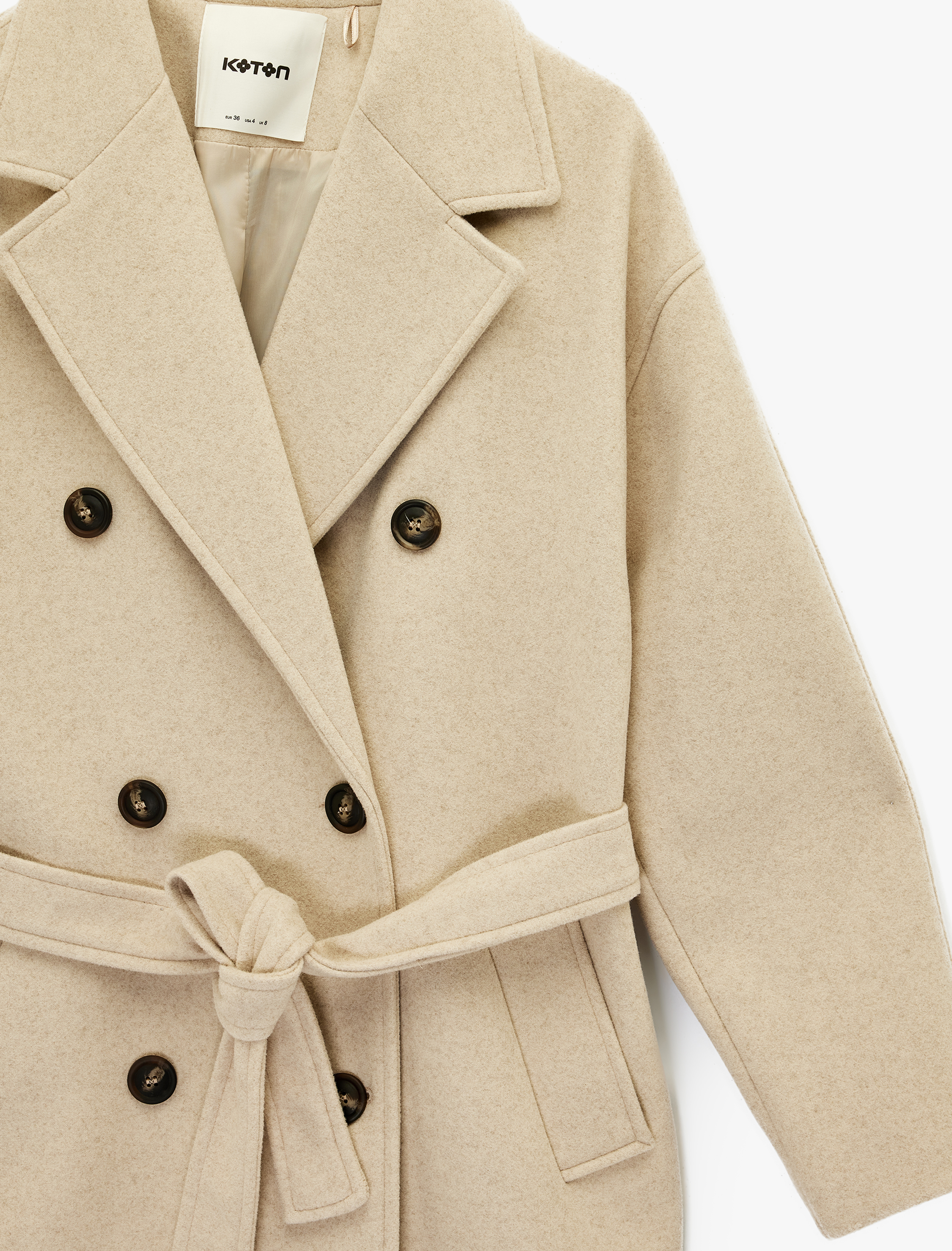   Uzun Kollu Düğmeli Cepli Kruvaze Uzun Kemerli Kaşe Kaban