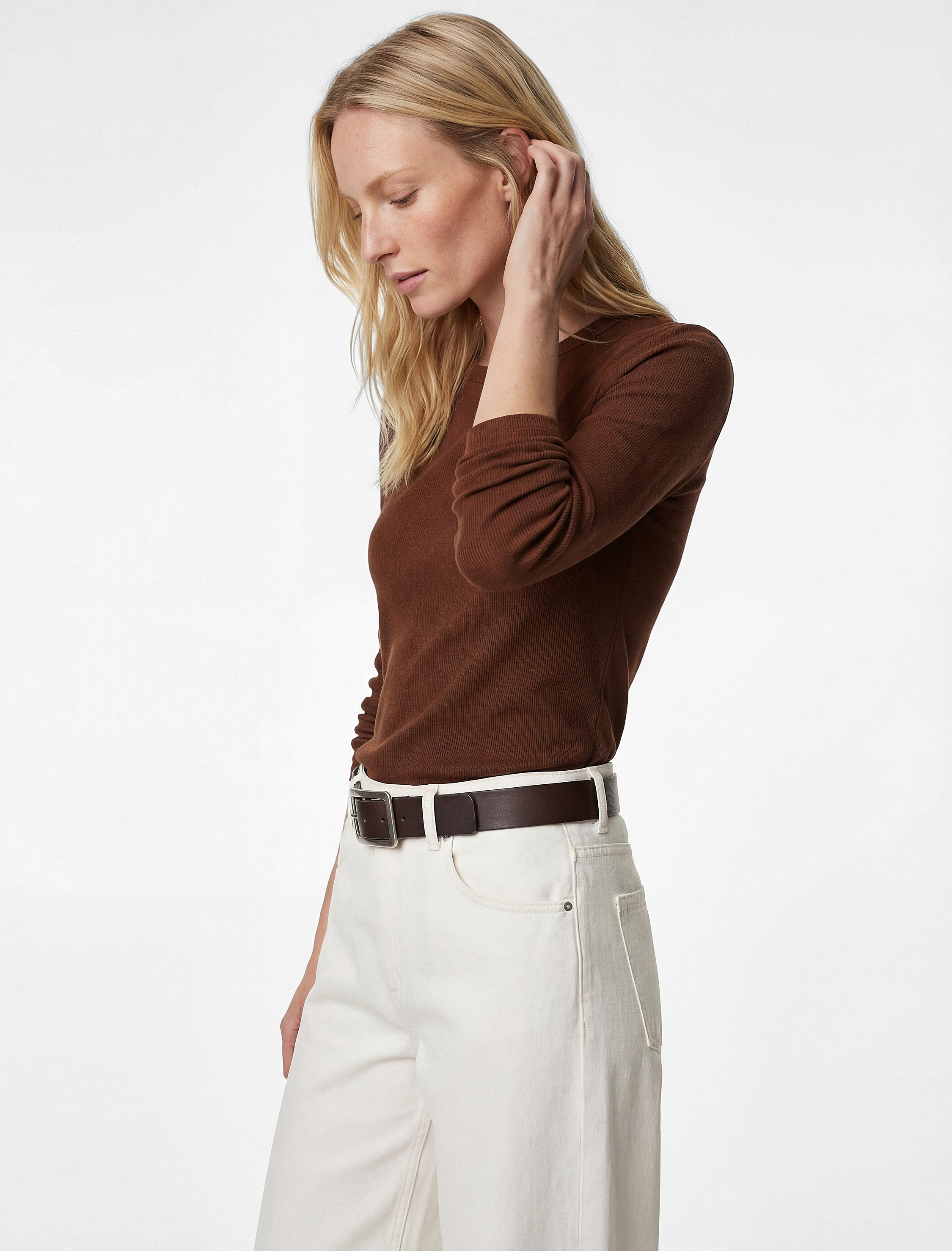   Pamuklu Slim Fit Kaşkorse Uzun Kollu Bisiklet Yaka Tişört