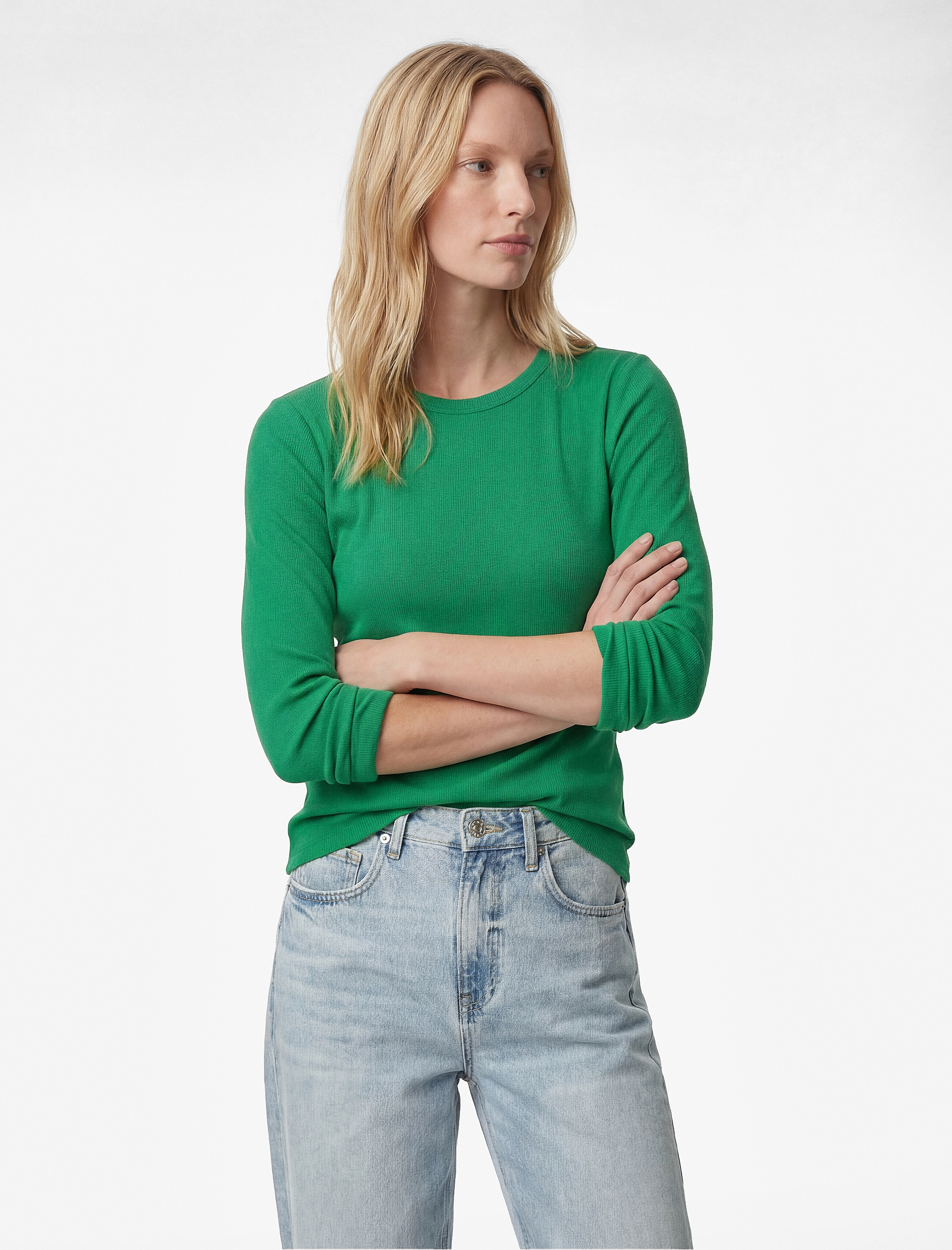   Pamuklu Slim Fit Kaşkorse Uzun Kollu Bisiklet Yaka Tişört