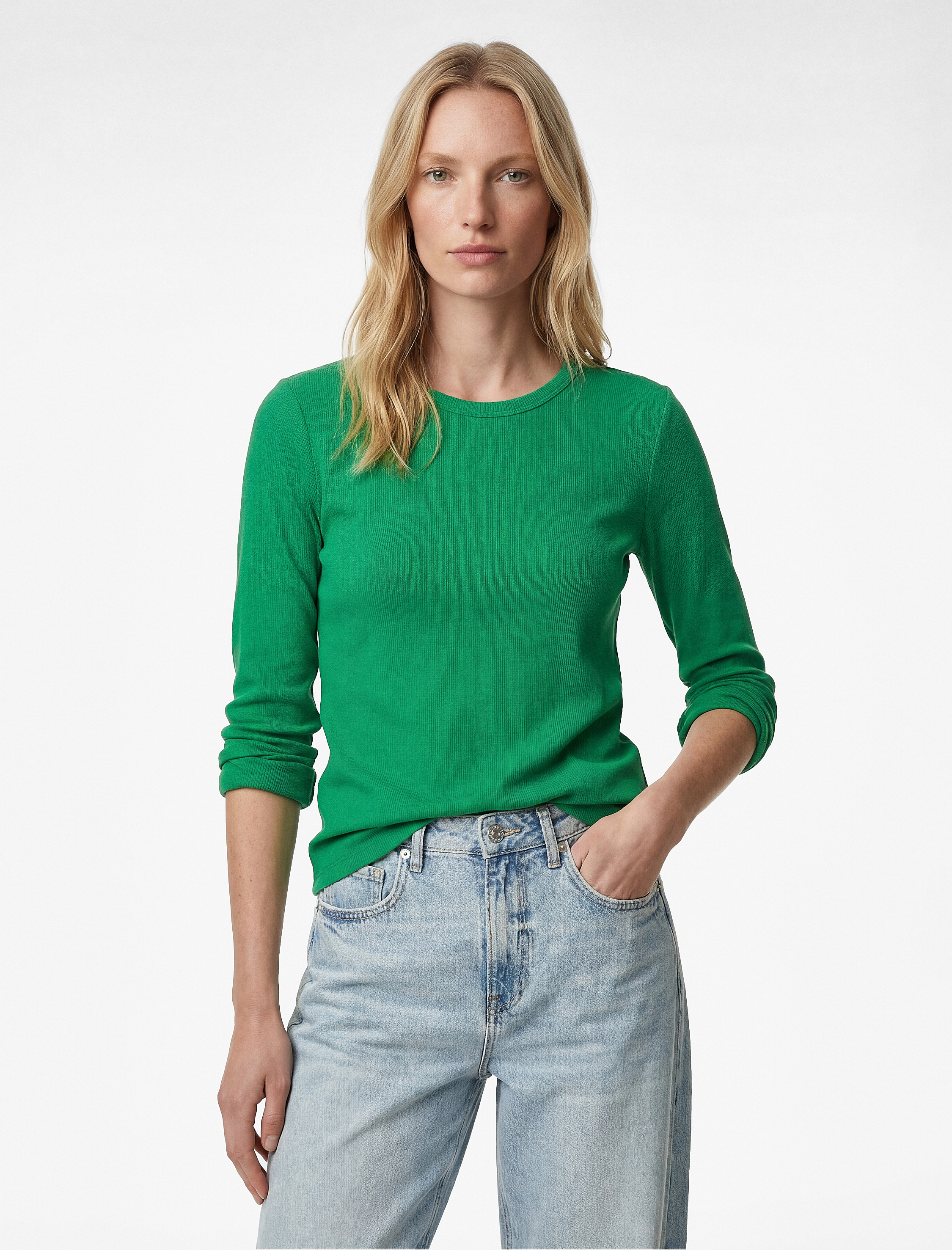   Pamuklu Slim Fit Kaşkorse Uzun Kollu Bisiklet Yaka Tişört