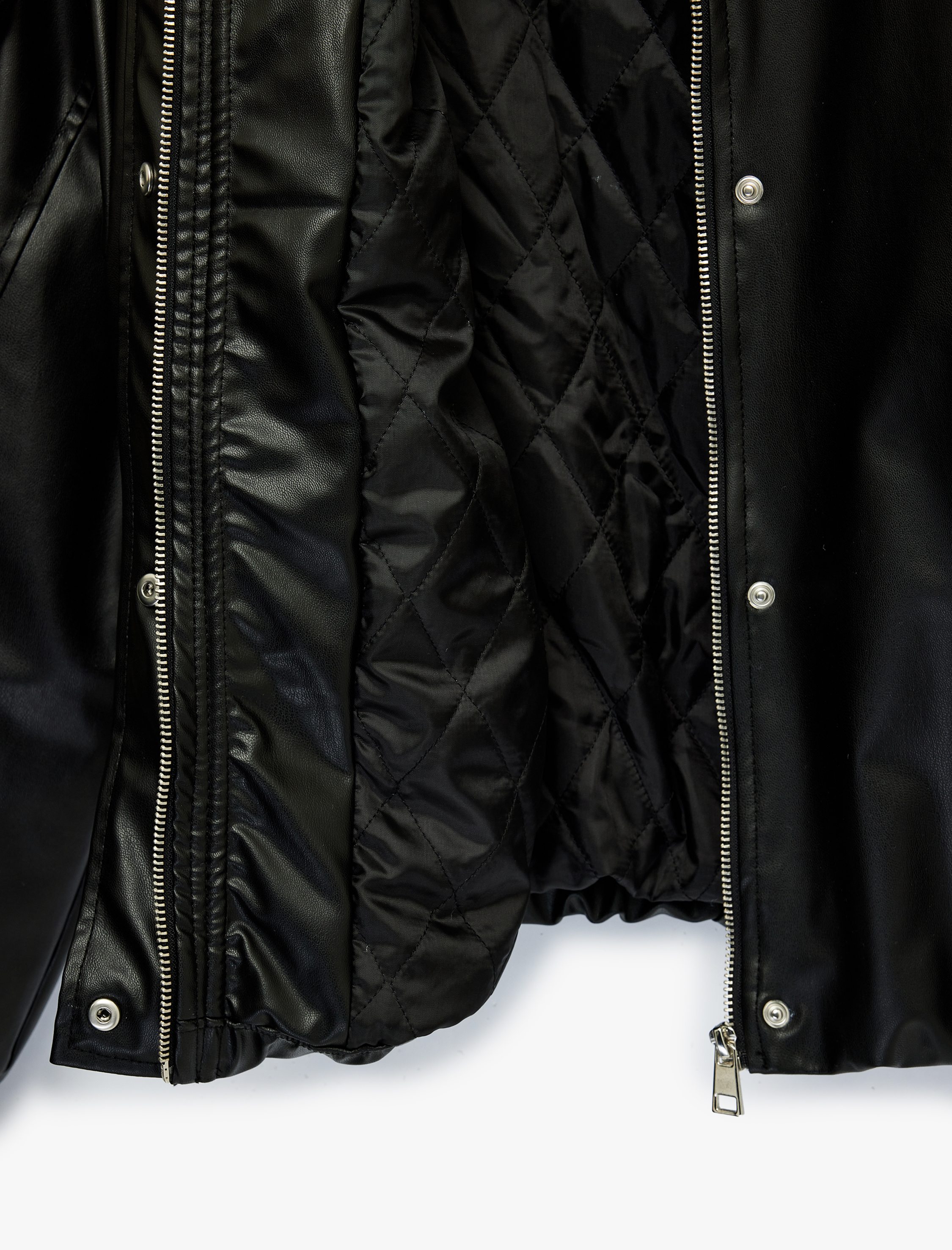   Fermuarlı Cepli Çıkarılabilir Suni Kürk Yaka Deri Görünümlü Crop Ceket