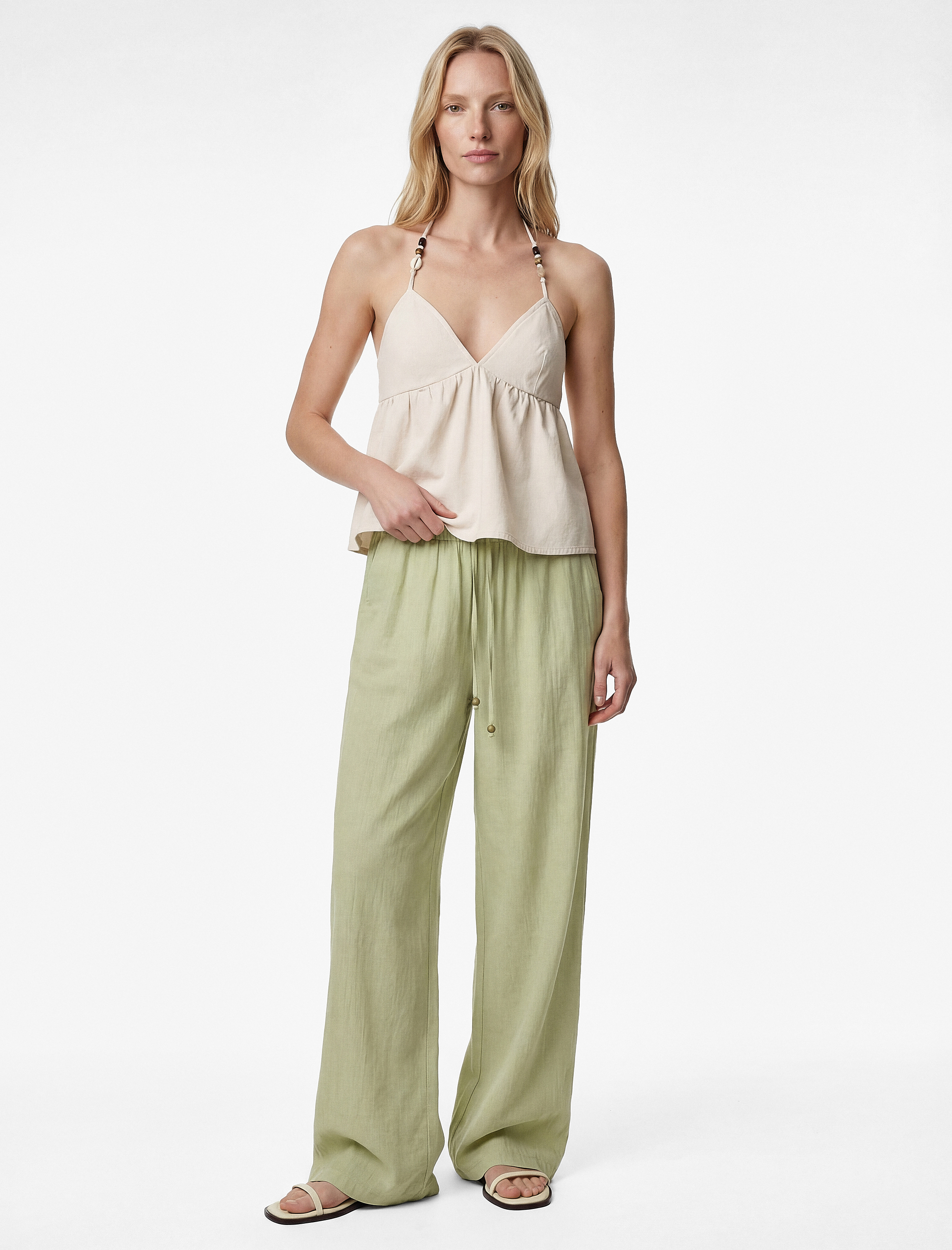   Viskon Kumaş Cepli Beli Lastikli Düz Bol Paça Pantolon