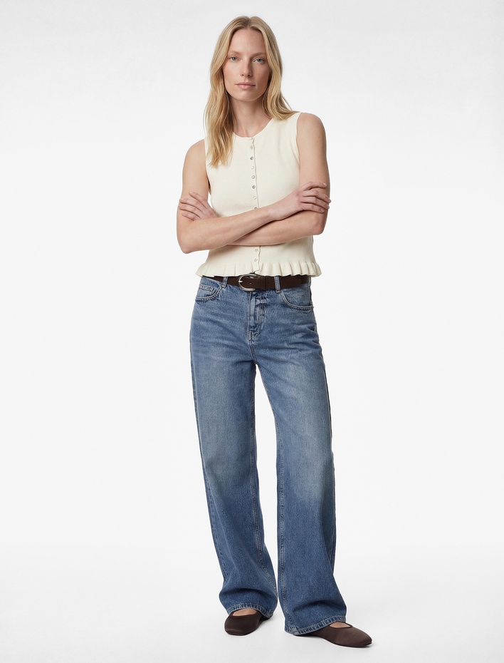  Fırfırlı Düğmeli Bisiklet Yaka Triko Yelek