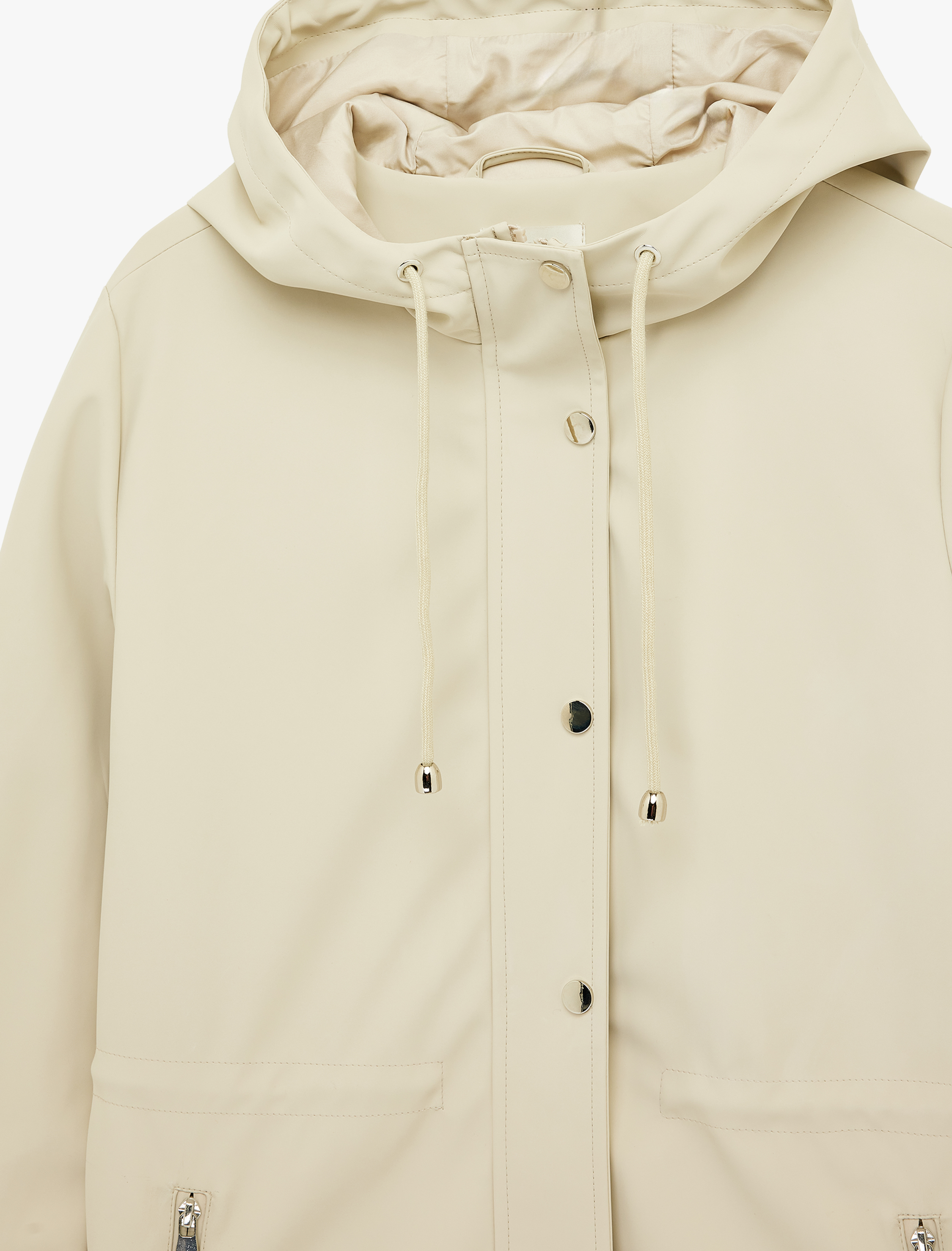   Uzun Kollu Cepli Fermuarlı Düğme Detaylı Kapüşonlu Yağmurluk