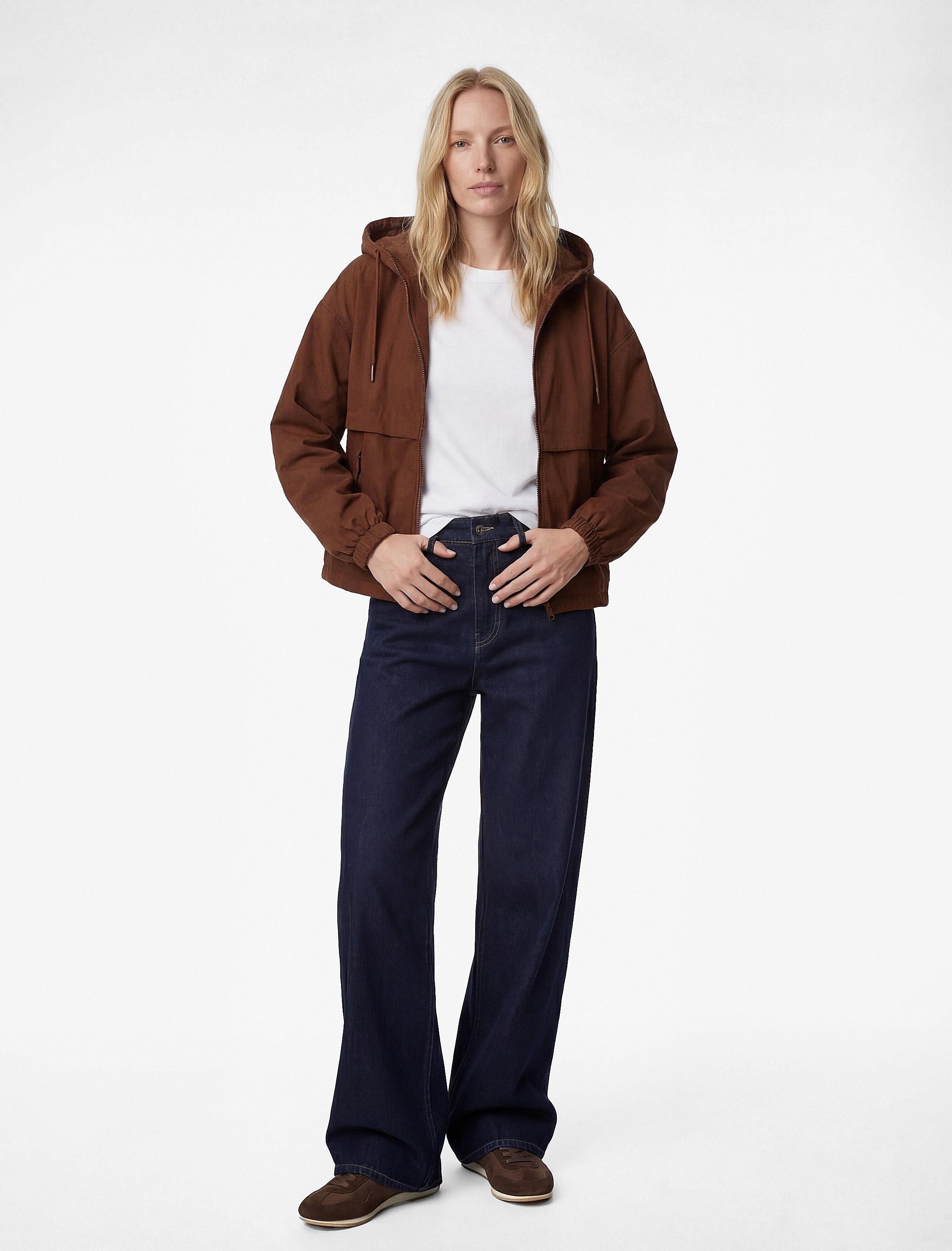   Fermuarlı Cepli Uzun Kollu Kapüşonlu Yağmurluk