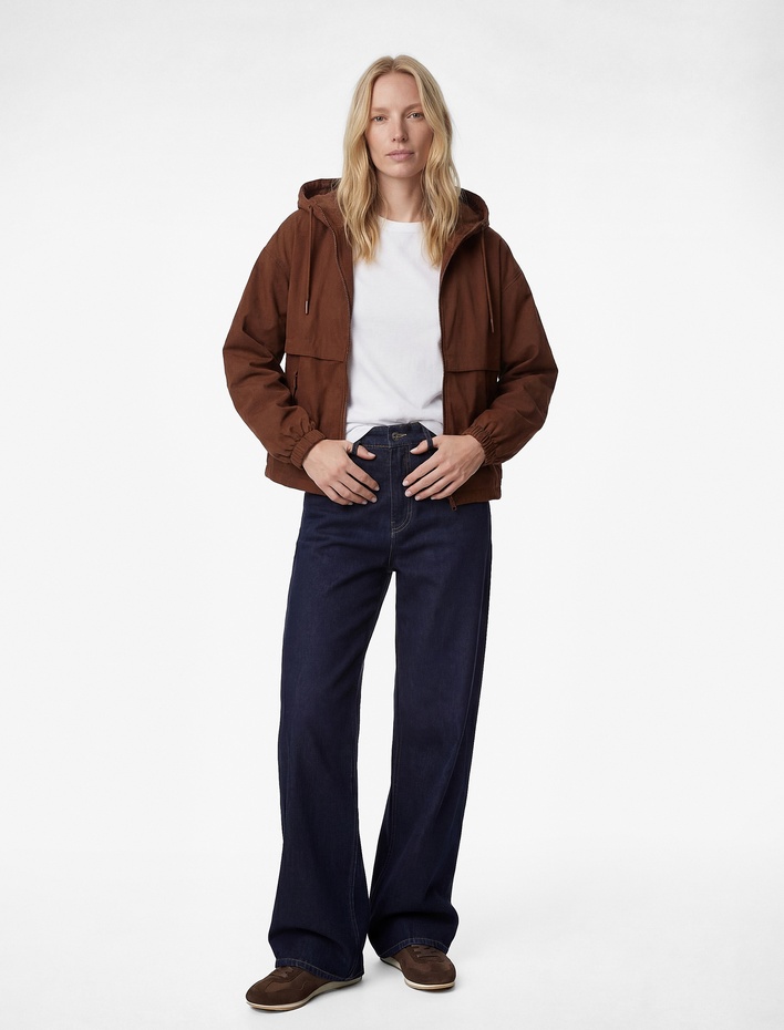  Fermuarlı Cepli Uzun Kollu Kapüşonlu Yağmurluk