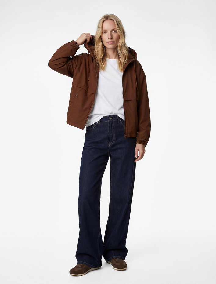  Fermuarlı Cepli Uzun Kollu Kapüşonlu Yağmurluk