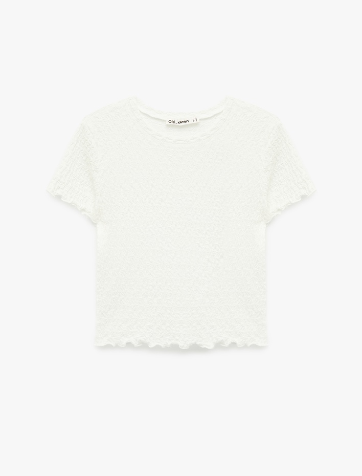  Slim Fit Kısa Kollu Dokulu Bisiklet Yaka Crop Tişört