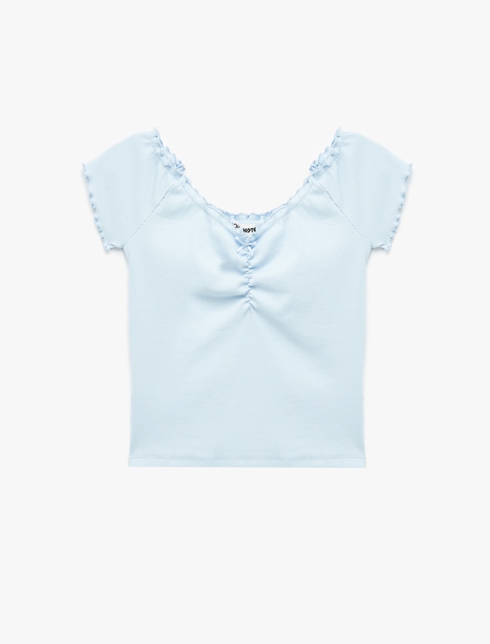  Slim Fit Büzgülü Kayık V Yaka Kısa Kollu Tişört