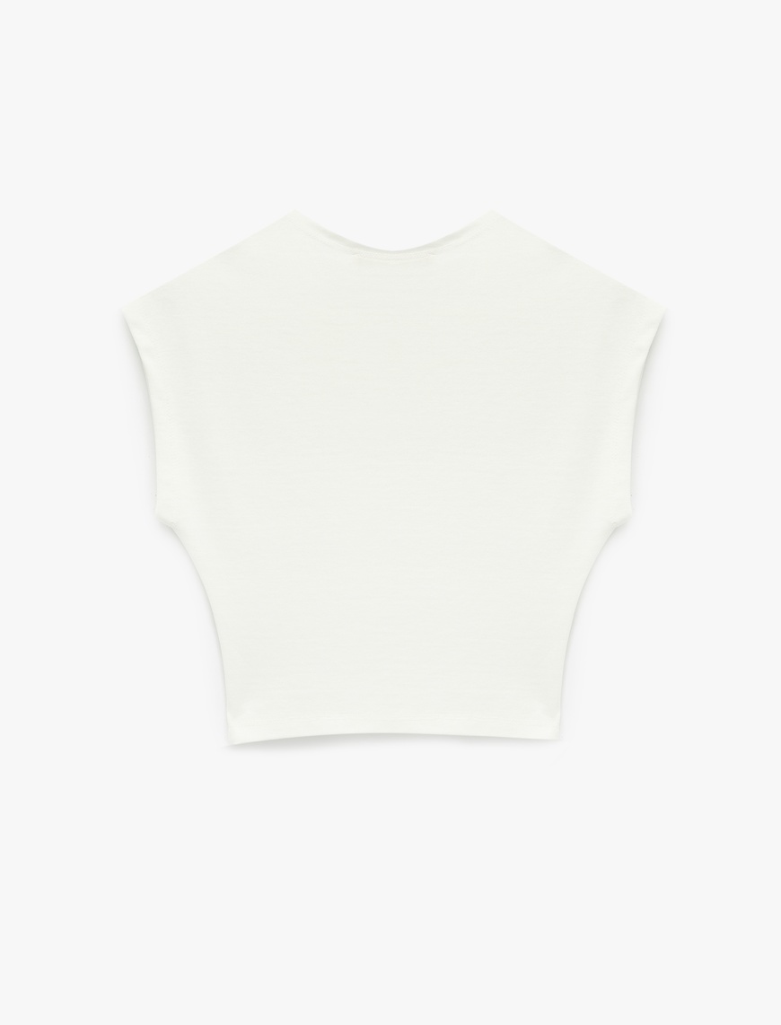 Ekru Modal Karışımlı Slim Fit Bisiklet Yaka Kolsuz Crop Tişört