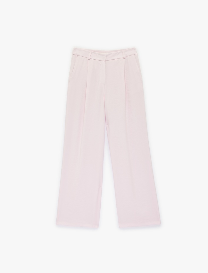  Pile Detaylı Cepli Yüksek Bel Geniş Paça Palazzo Pantolon