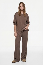 Rahat Kalıp Uzun Kollu Bisiklet Yaka Triko Pijama Üstü