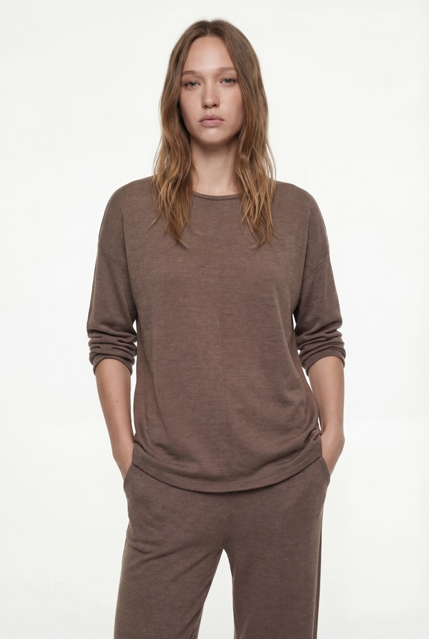  Rahat Kalıp Uzun Kollu Bisiklet Yaka Triko Pijama Üstü