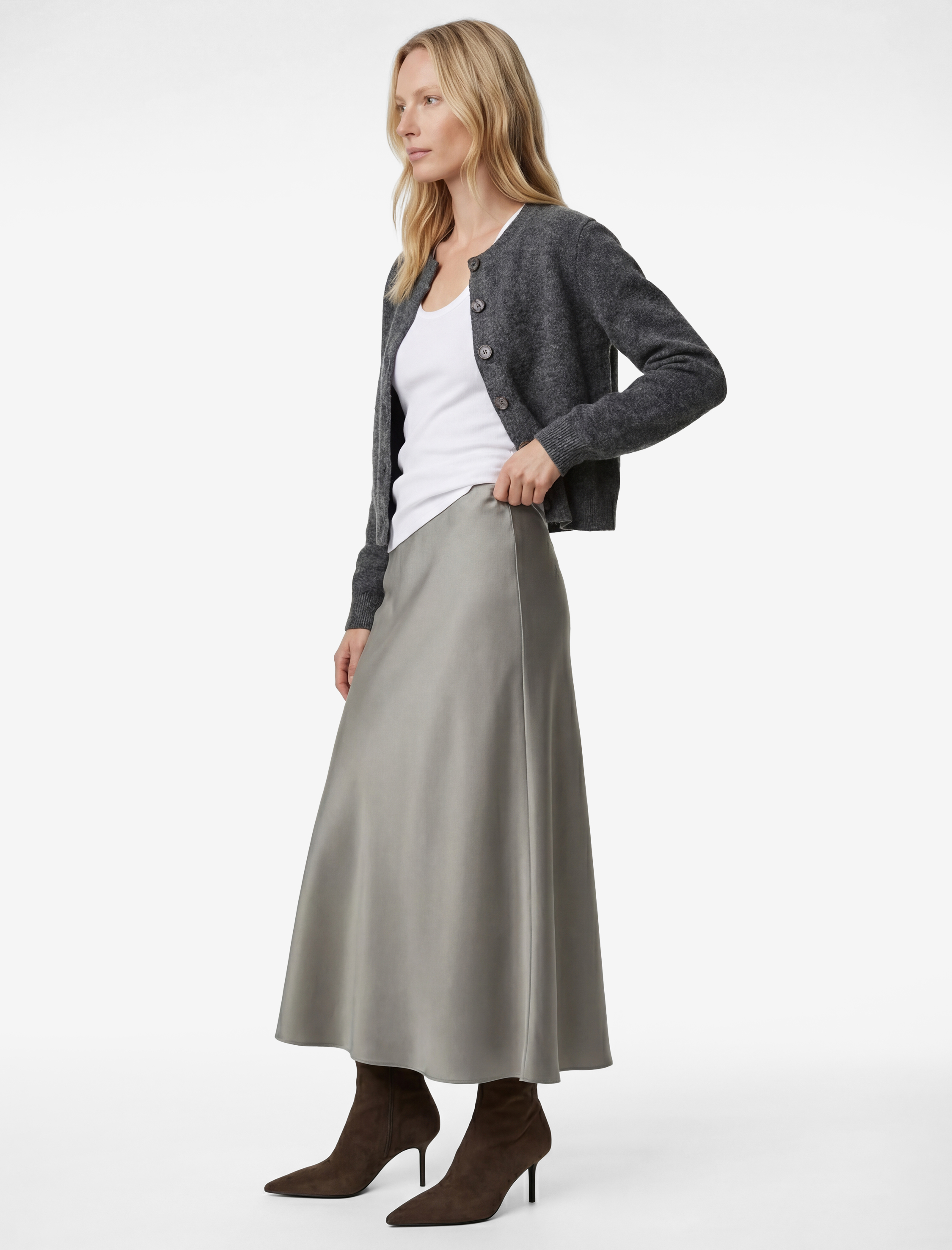   Slim Fit Beli Lastikli Midi Saten Etek