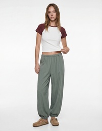 Slim Fit Pamuklu Renk Bloklu Kısa Kollu Bisiklet Yaka Crop Tişört Pijama Üstü