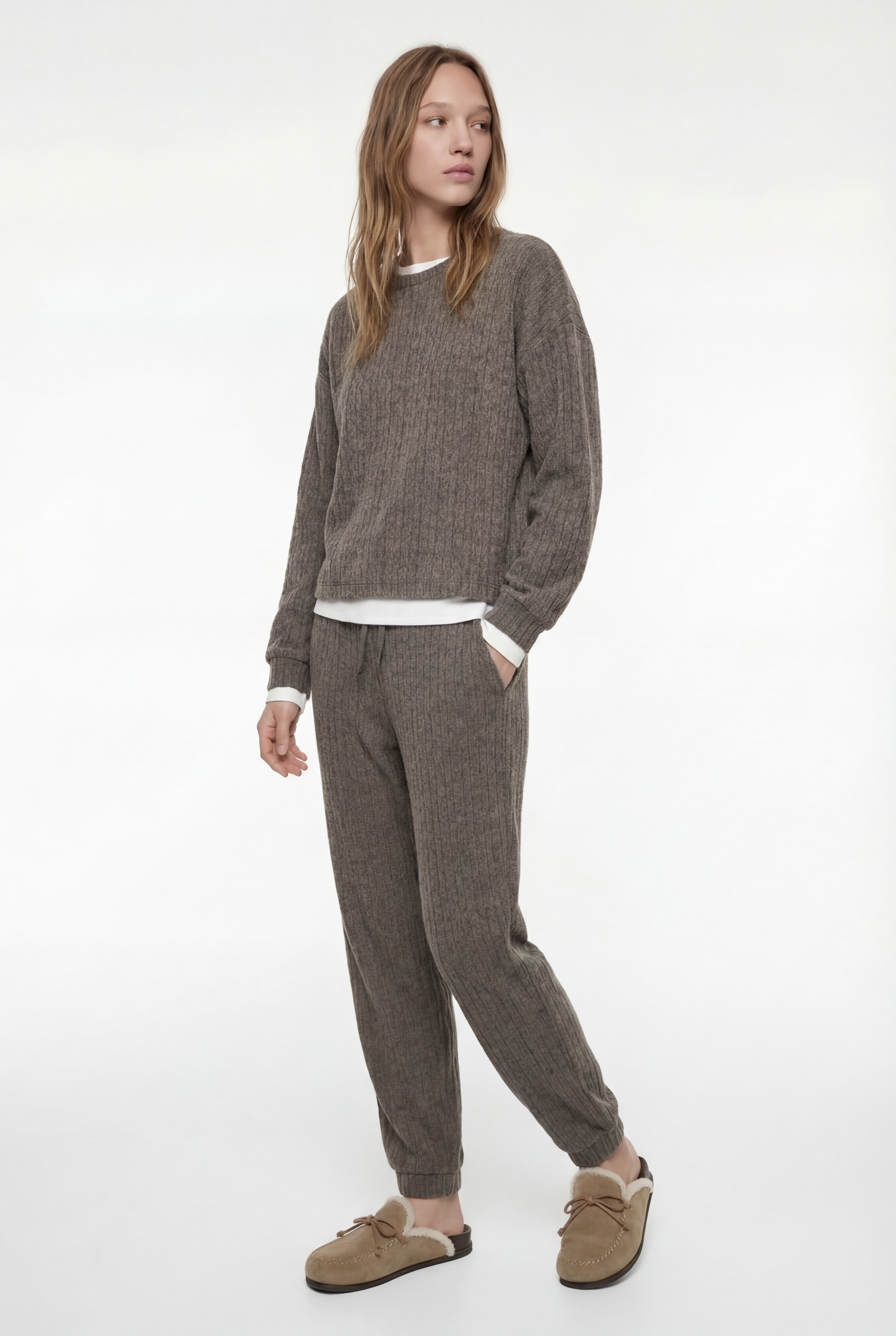   Rahat Kalıp Uzun Kollu Bisiklet Yaka Triko Pijama Üstü