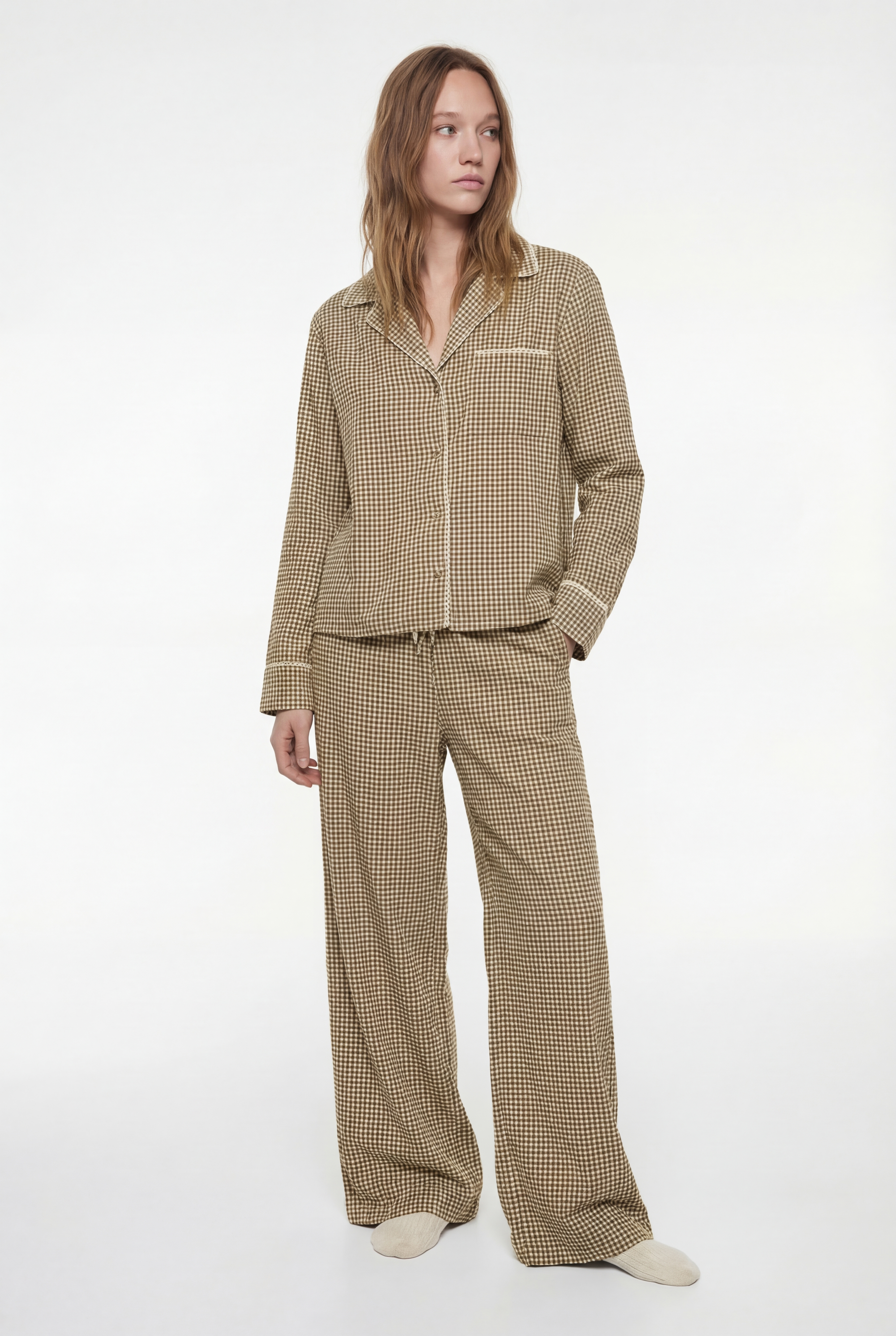   Rahat Kalıp Uzun Kollu Gömlek Yaka Crop Ekoseli Pijama Üstü