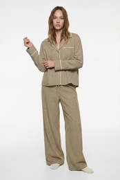 Rahat Kalıp Uzun Kollu Gömlek Yaka Crop Ekoseli Pijama Üstü