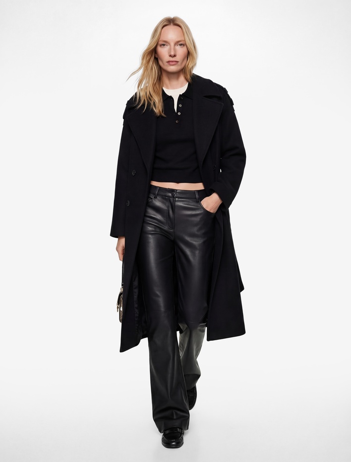  Uzun Kollu Cepli Kruvaze Düğmeli Kemerli Kaşe Kaban