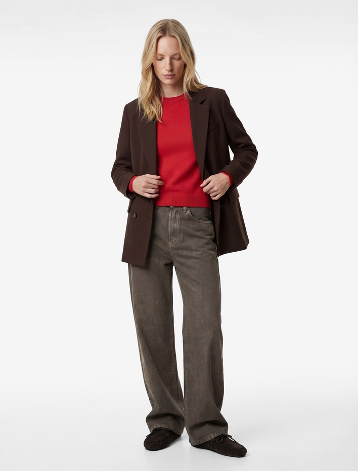  Uzun Kollu Cepli Düğmeli Kruvaze Blazer Ceket