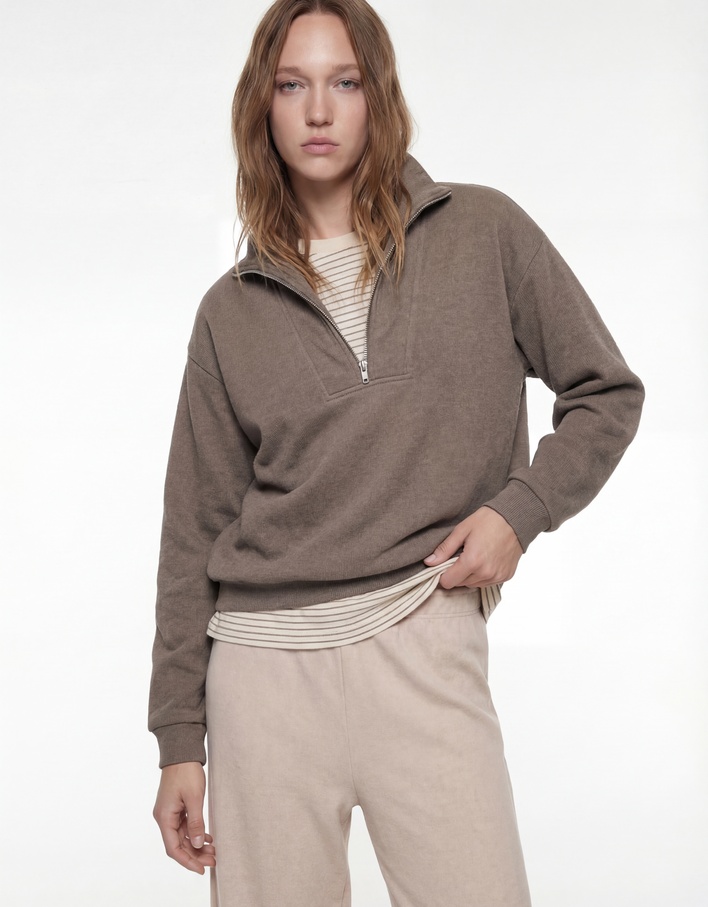  Dik Yaka Fermuarlı Rahat Kalıp Triko Pijama Üstü