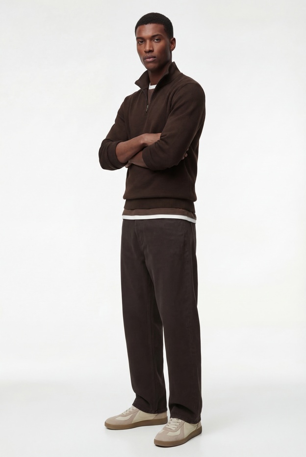  Uzun Kollu Şardonlu Basic Yarım Fermuarlı Sweatshirt