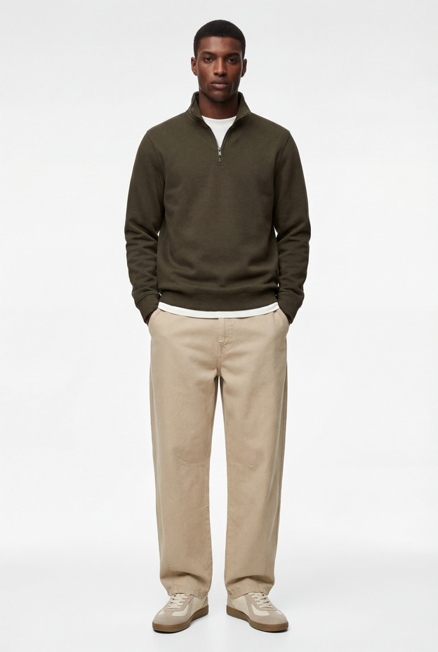  Uzun Kollu Şardonlu Basic Yarım Fermuarlı Sweatshirt