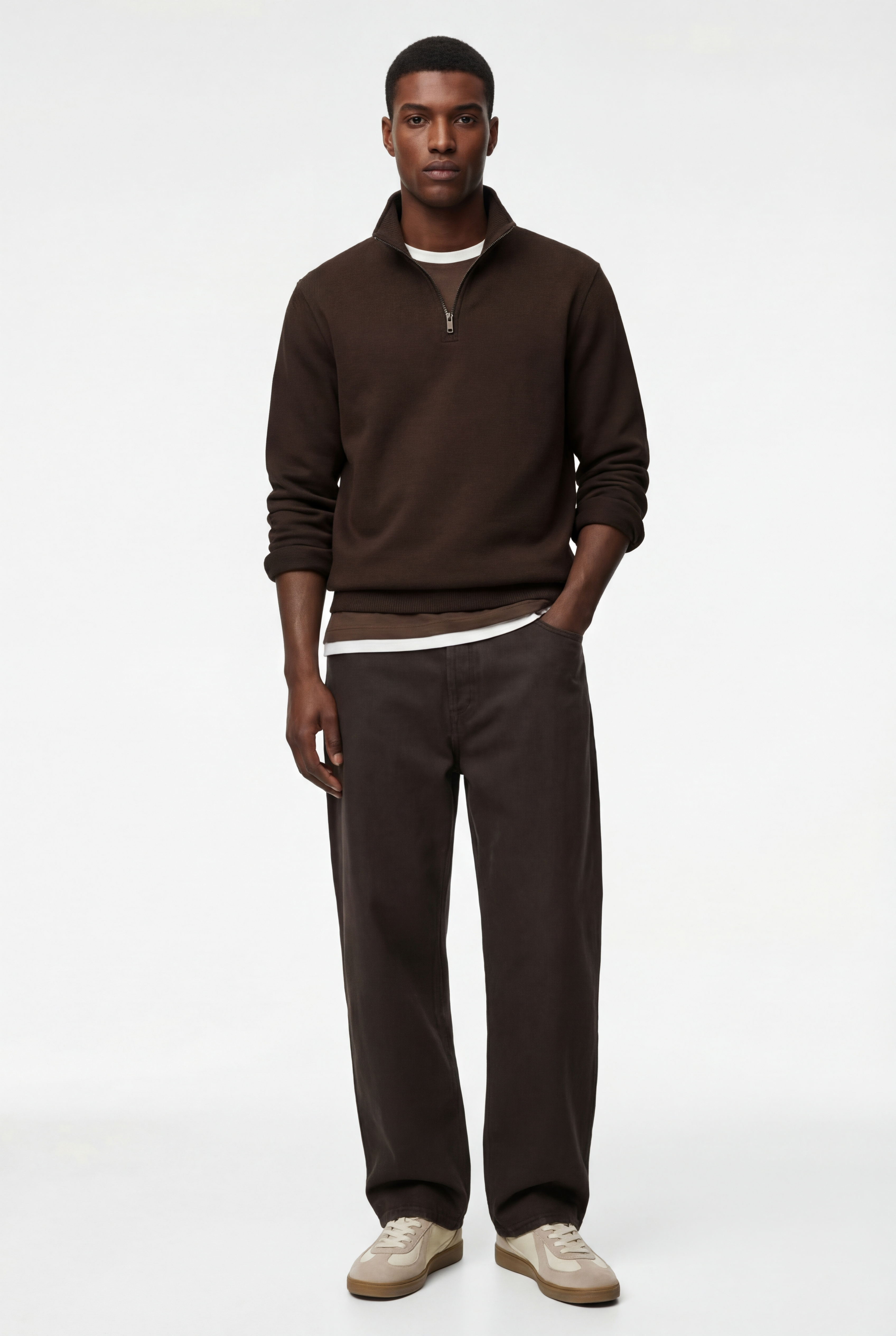   Uzun Kollu Şardonlu Basic Yarım Fermuarlı Sweatshirt