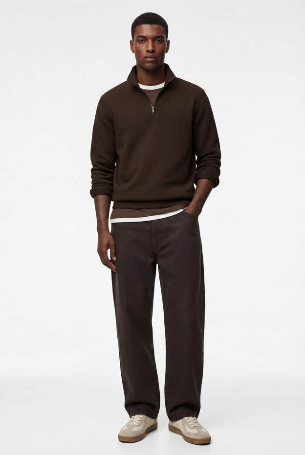  Uzun Kollu Şardonlu Basic Yarım Fermuarlı Sweatshirt