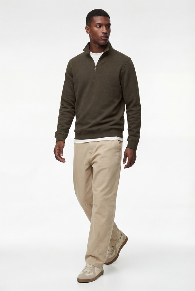  Uzun Kollu Şardonlu Basic Yarım Fermuarlı Sweatshirt