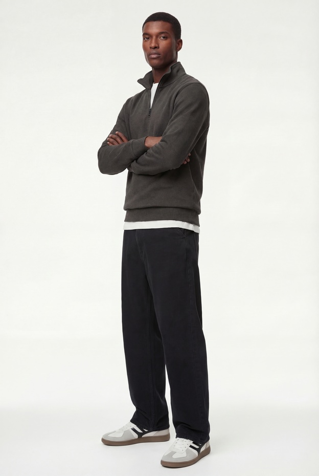  Uzun Kollu Şardonlu Basic Yarım Fermuarlı Sweatshirt