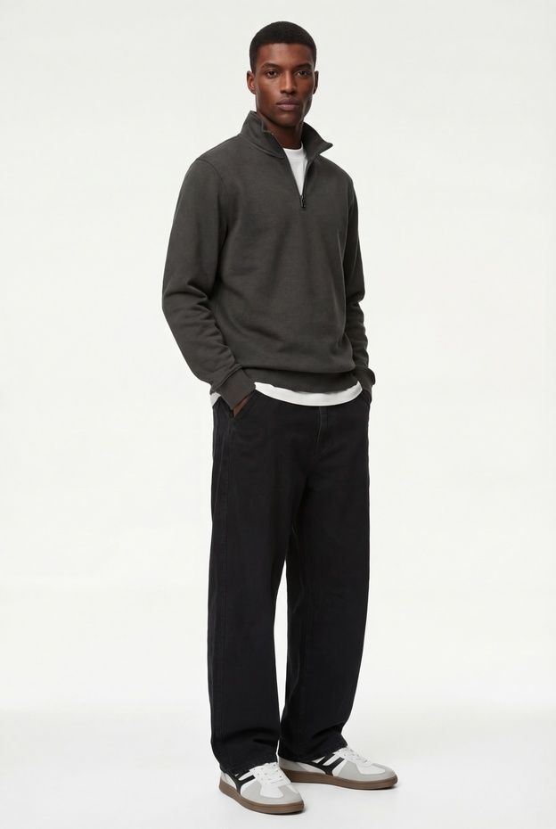  Uzun Kollu Şardonlu Basic Yarım Fermuarlı Sweatshirt