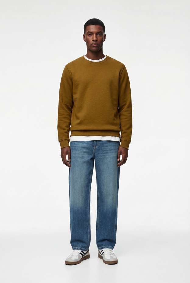  Pamuklu Uzun Kollu Şardonlu Bisiklet Yaka Erkek Basic Sweatshirt