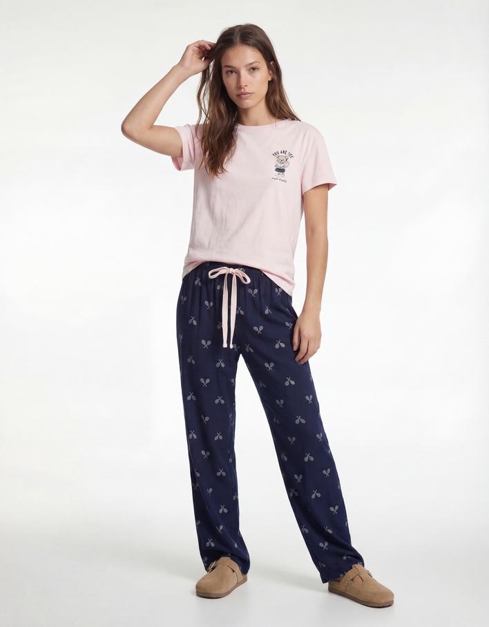  Rahat Kalıp Kısa Kollu Bisiklet Yaka Pamuklu Pijama Takımı