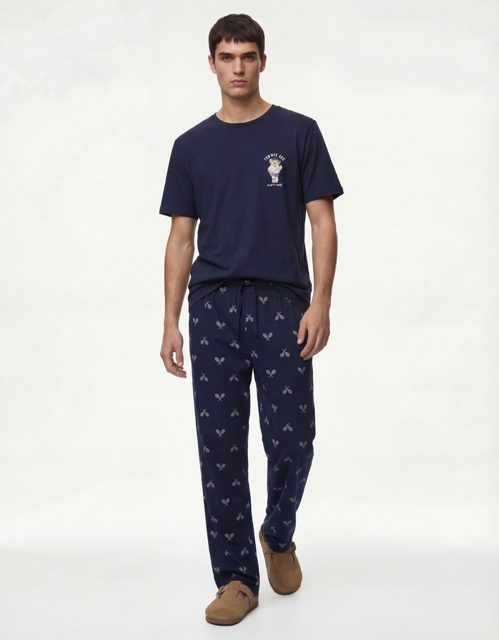  Pamuklu Rahat Kalıp Kısa Kollu Ayıcık Baskılı Örme Pijama Takımı