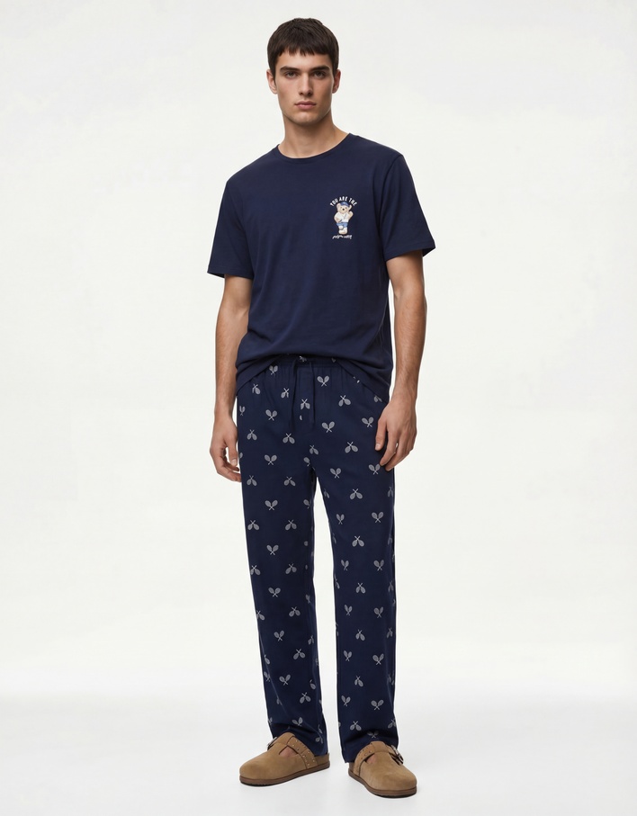  Pamuklu Rahat Kalıp Kısa Kollu Ayıcık Baskılı Örme Pijama Takımı