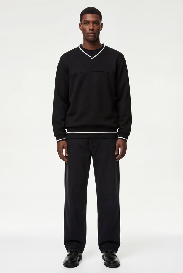  Regular Fit Uzun Kollu Şardonlu Şerit Detaylı V Yaka Sweatshirt