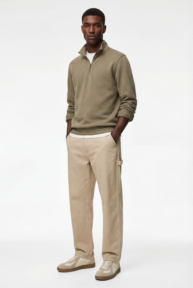  Uzun Kollu Şardonlu Basic Yarım Fermuarlı Sweatshirt