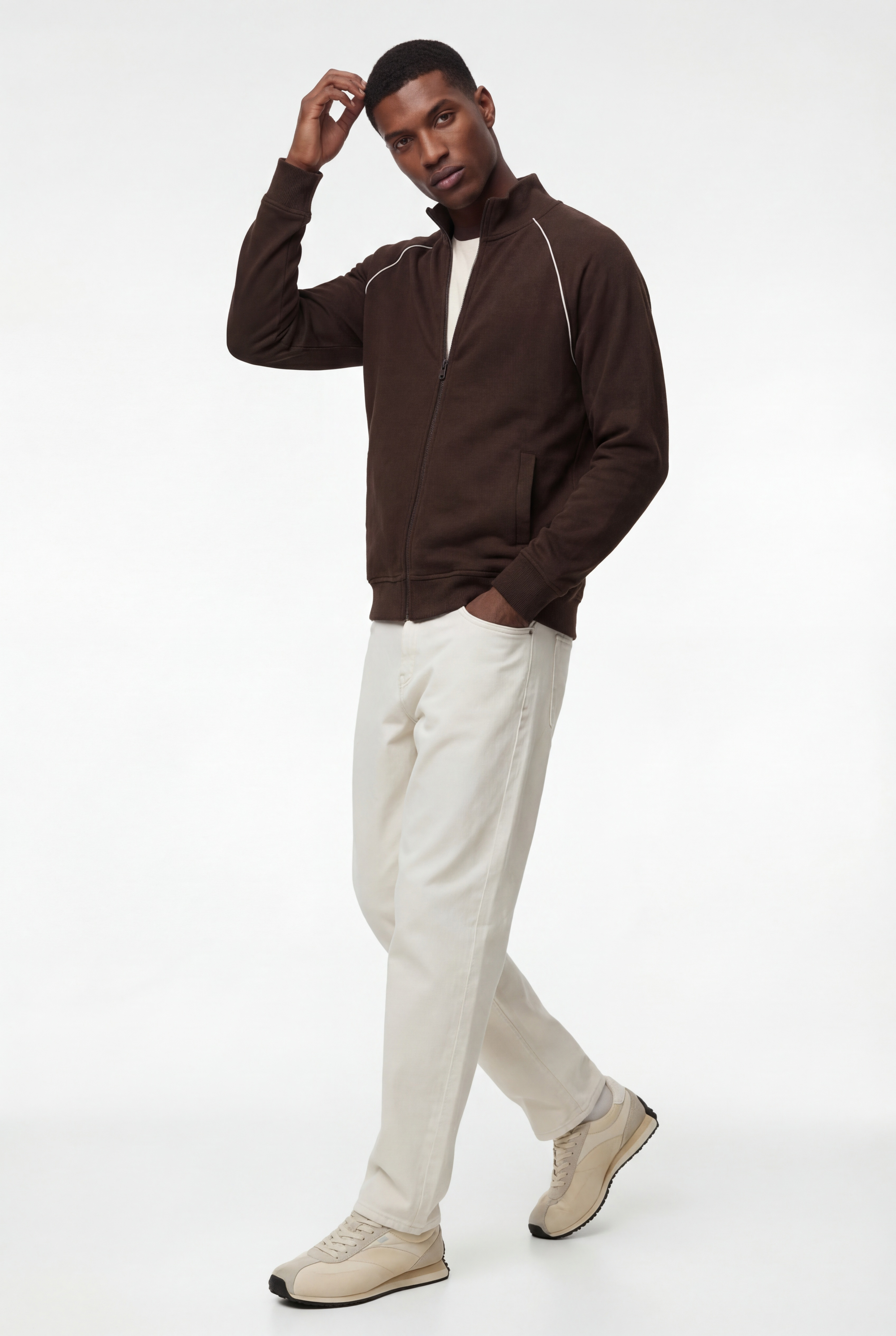   Uzun Kollu Şardonlu Dik Yaka Tam Fermuarlı Hırka