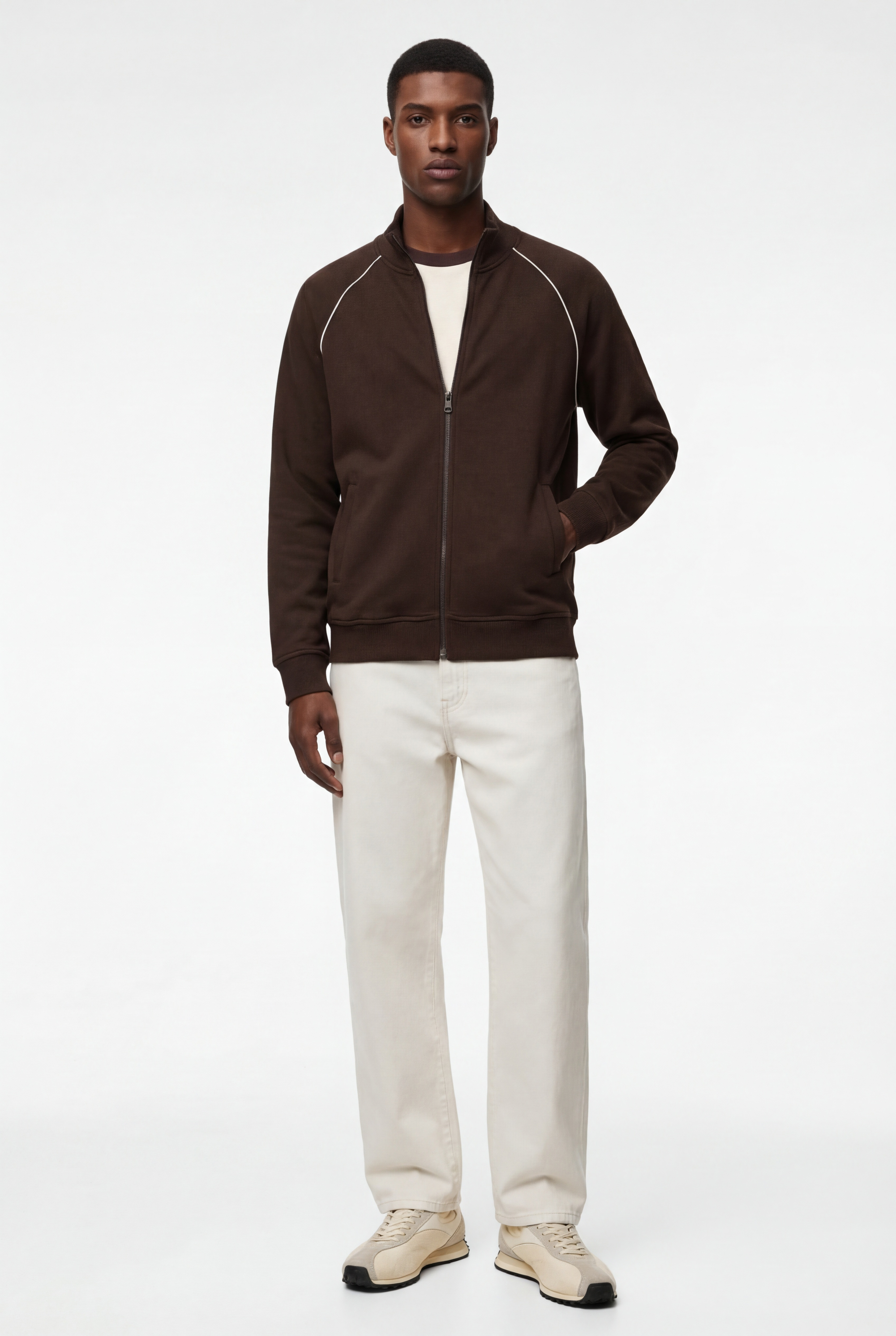   Uzun Kollu Şardonlu Dik Yaka Tam Fermuarlı Hırka