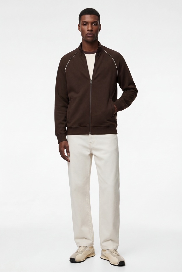  Uzun Kollu Şardonlu Dik Yaka Tam Fermuarlı Hırka