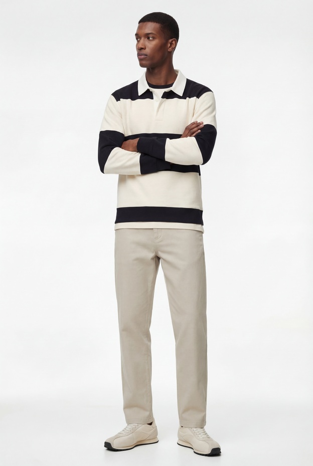  Regular Fit Renk Bloklu Şardonlu Uzun Kollu Polo Yaka Sweatshirt