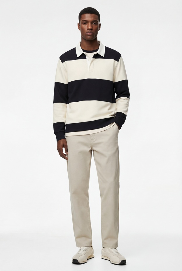  Regular Fit Renk Bloklu Şardonlu Uzun Kollu Polo Yaka Sweatshirt