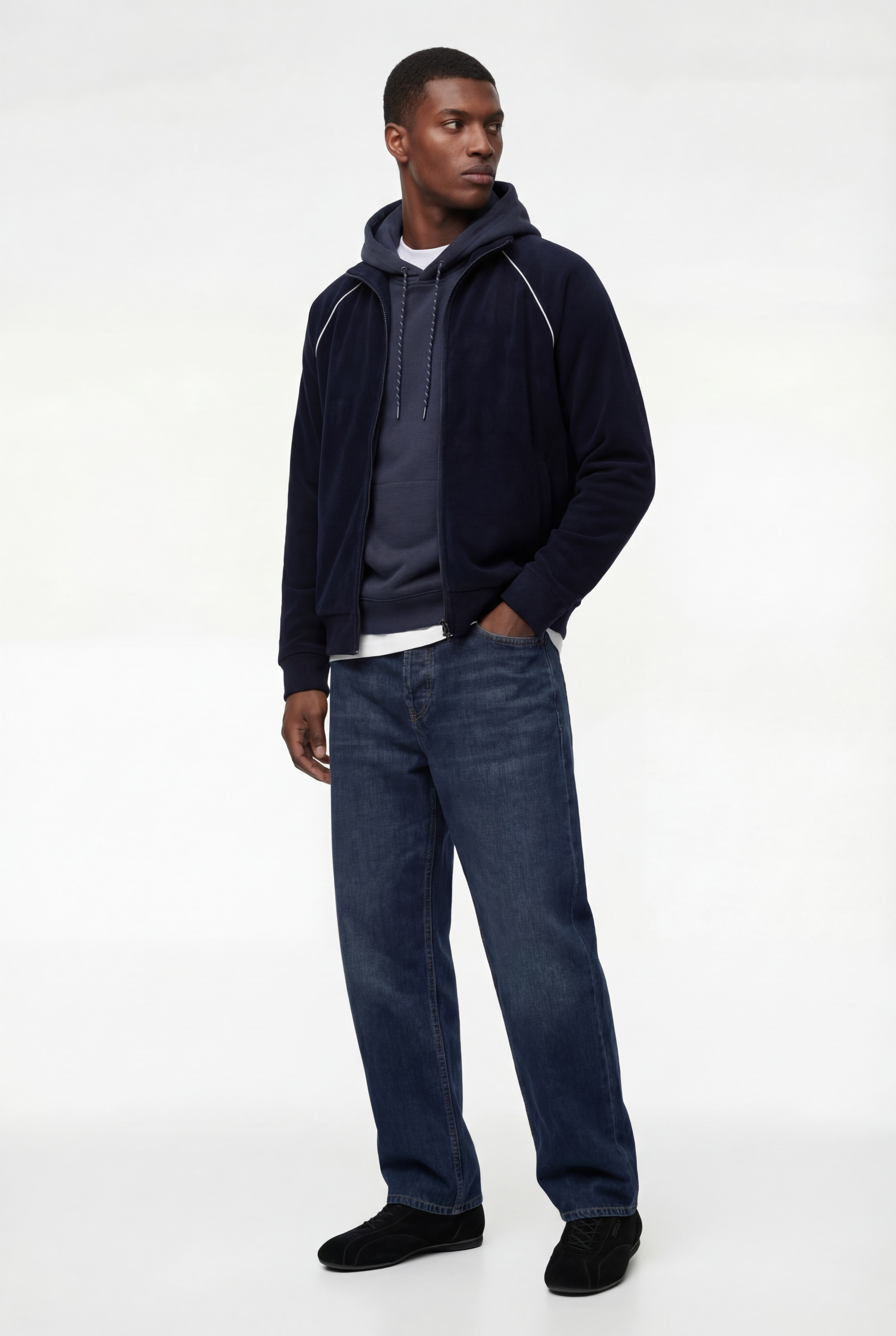   Uzun Kollu Cepli Fermuarlı Dik Yaka Polar Hırka