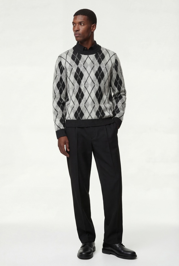  Uzun Kollu Bisiklet Yaka Baklava Desenli Triko Kazak