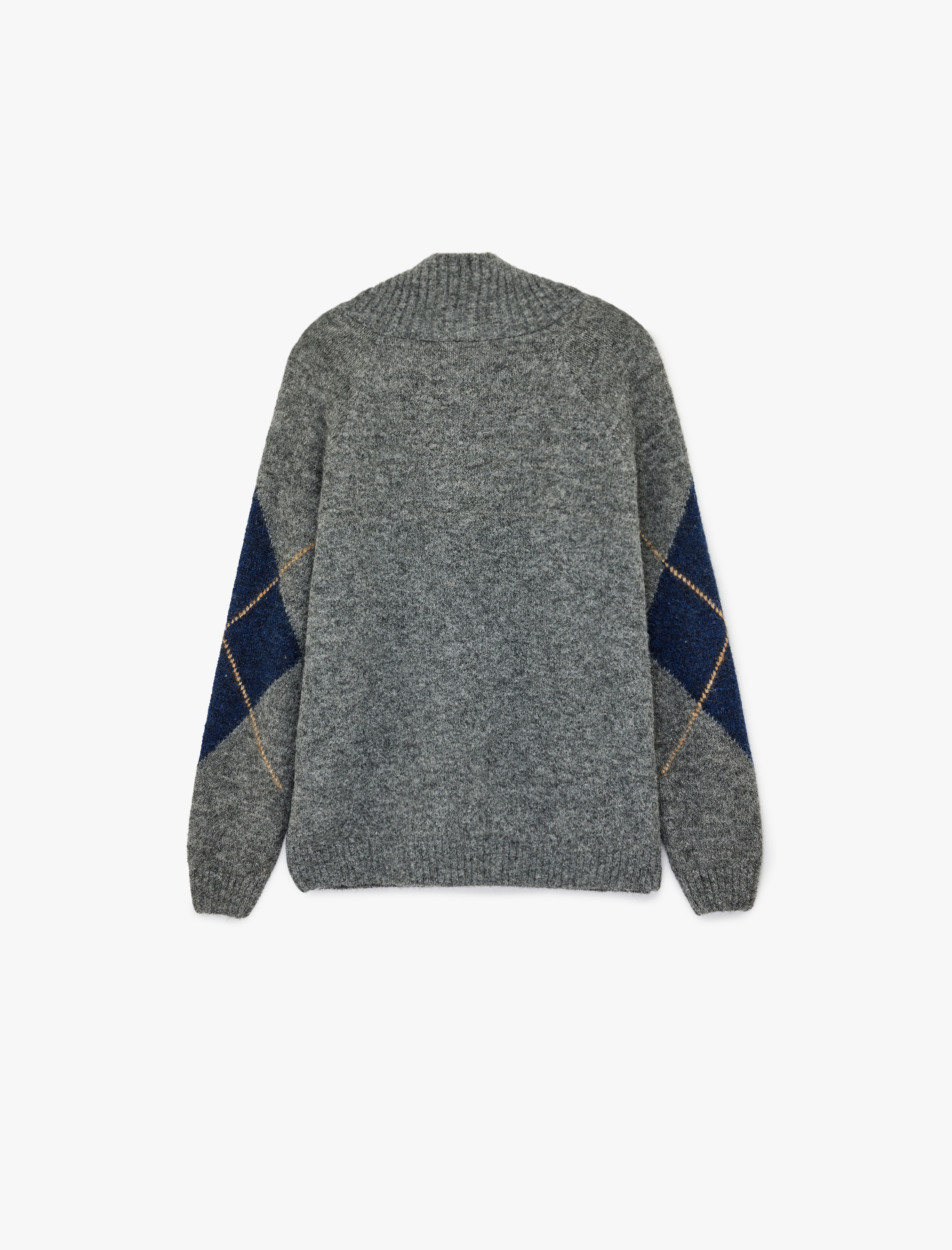   Uzun Kollu Baklava Desenli Yaka Detaylı Yarım Fermuarlı Triko Kazak