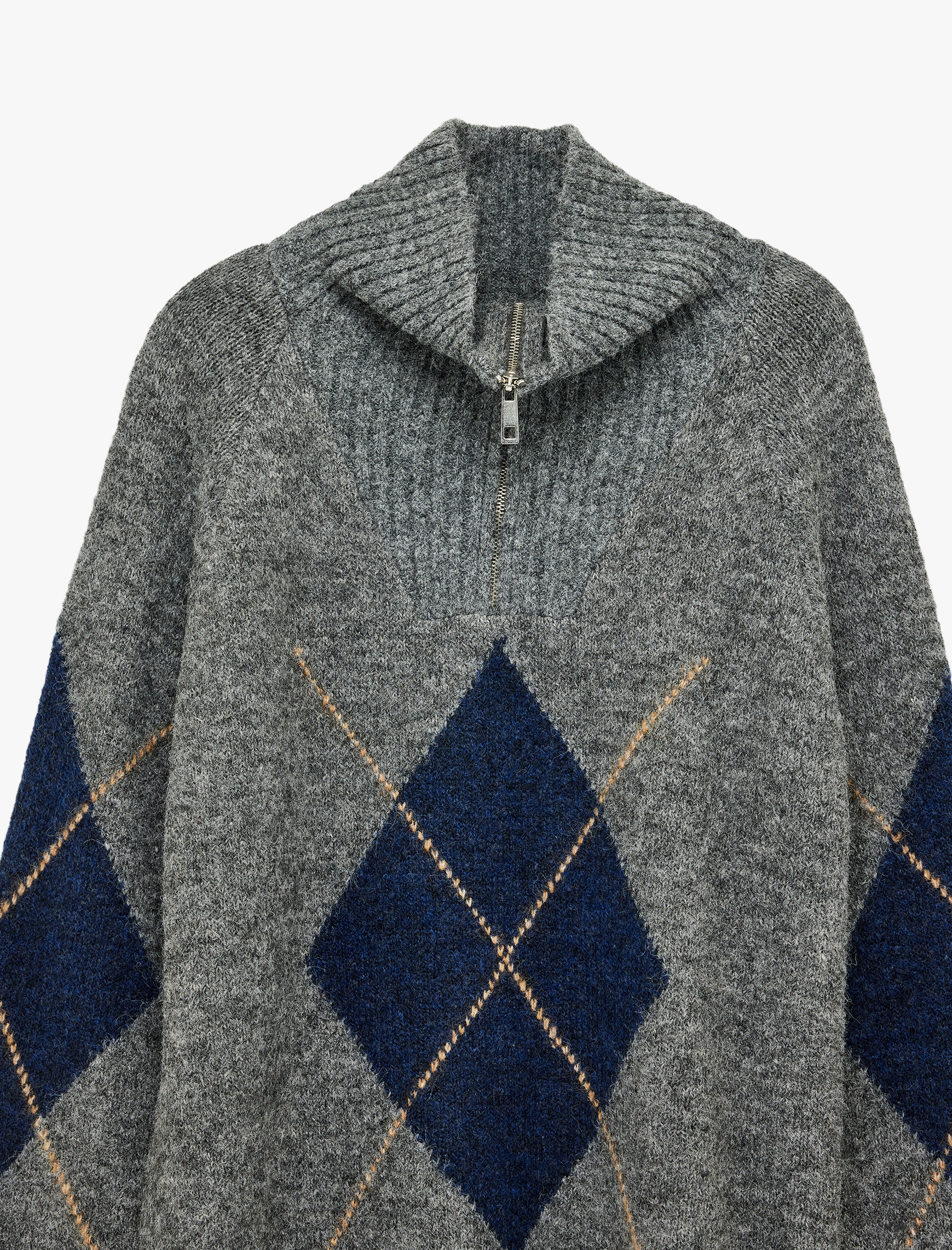   Uzun Kollu Baklava Desenli Yaka Detaylı Yarım Fermuarlı Triko Kazak